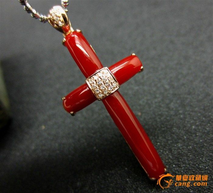 18k金天然AKA红珊瑚十字架吊坠_在线拍卖_在