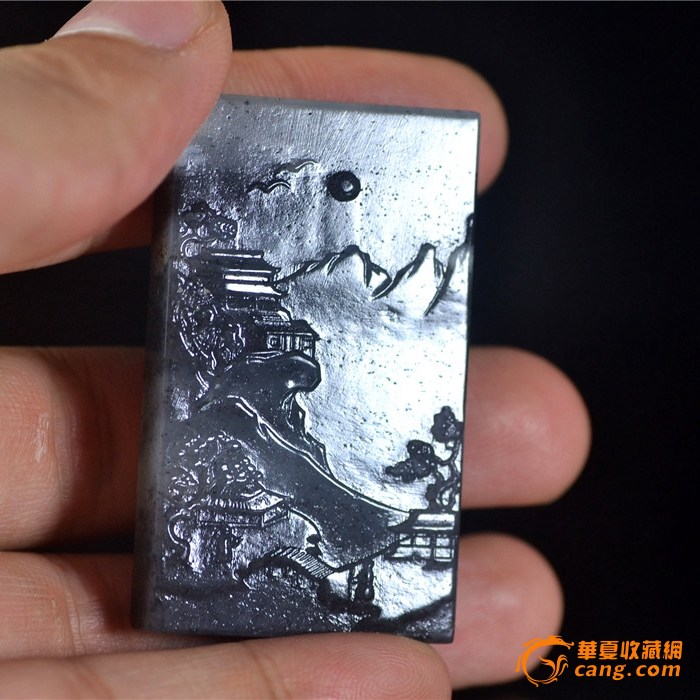和田玉 青花 登高望远 山水牌