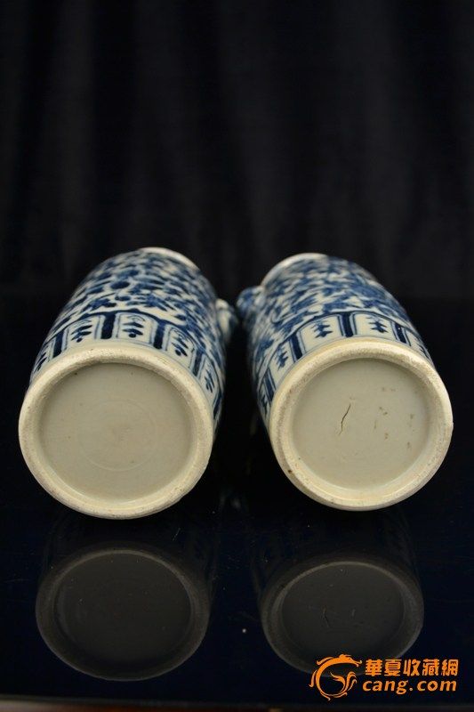 清中晚期青花西番莲兽耳瓶一对_在线拍卖_在