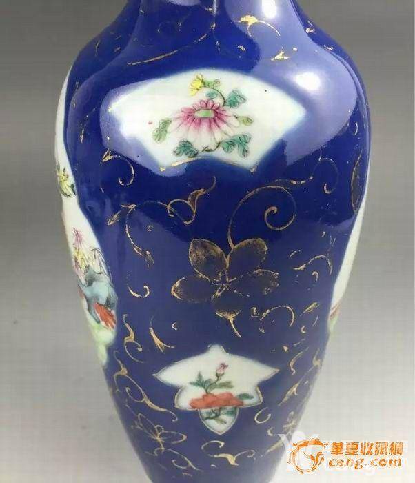晚清民国早期-洒蓝描金开窗人物纹柳叶瓶图片