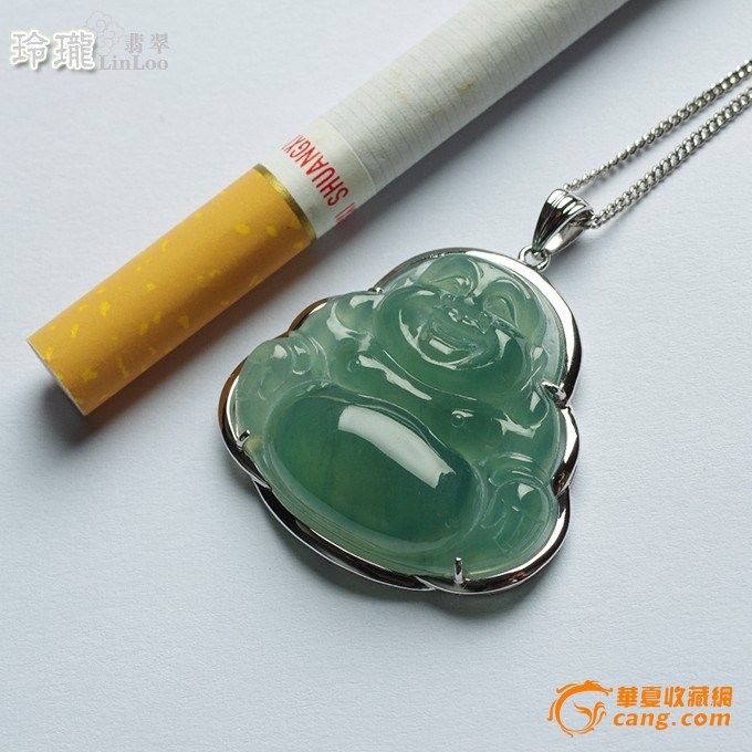 老坑深绿翡翠笑佛18K白金吊坠-5FU02_在线拍
