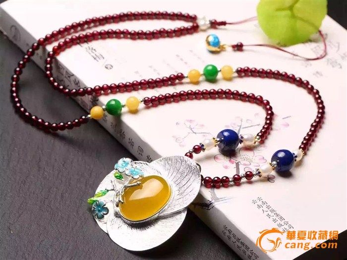 天然酒红石榴石毛衣链 搭配S925银烧蓝镶嵌黄