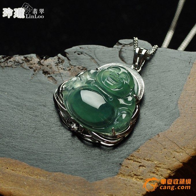 老坑翡翠笑佛18K白金吊坠-5FU01_在线拍卖_