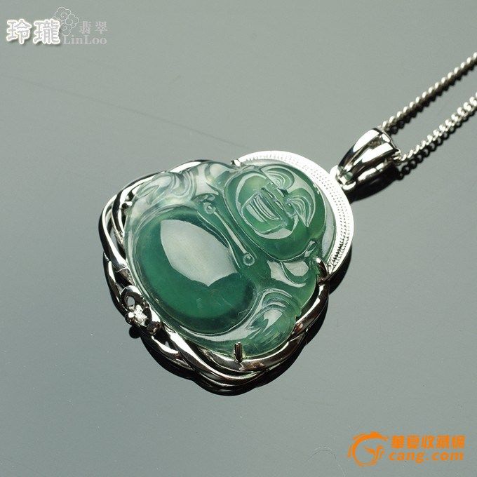 老坑翡翠笑佛18K白金吊坠-5FU01_在线拍卖_