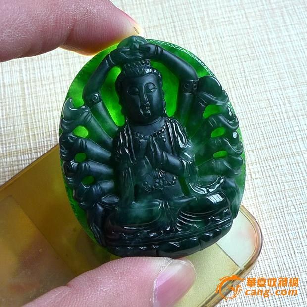 缅甸A货翡翠老坑种精雕墨绿色招财千手观音吊