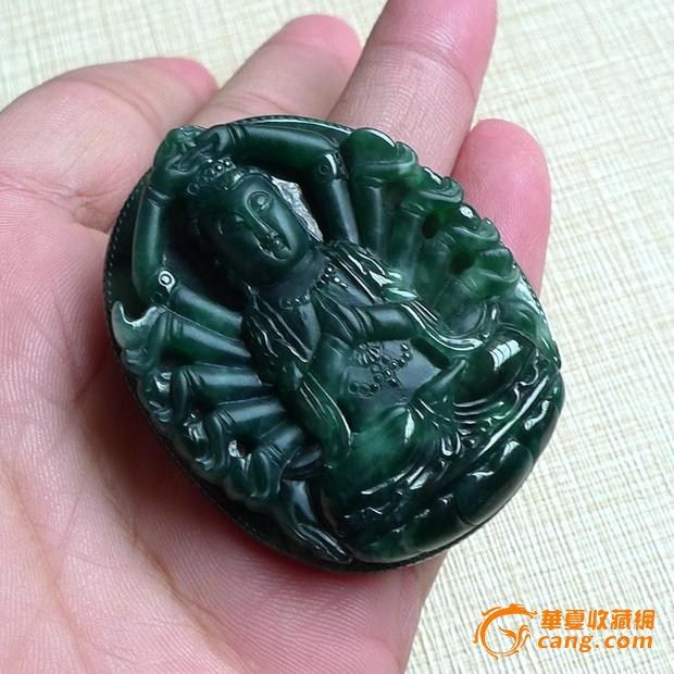 缅甸A货翡翠老坑种精雕墨绿色招财千手观音吊