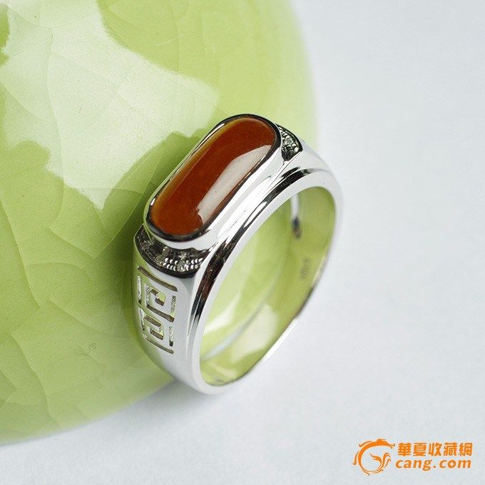 老坑冰血红翡翠马鞍18K白金男装戒指-11HG1