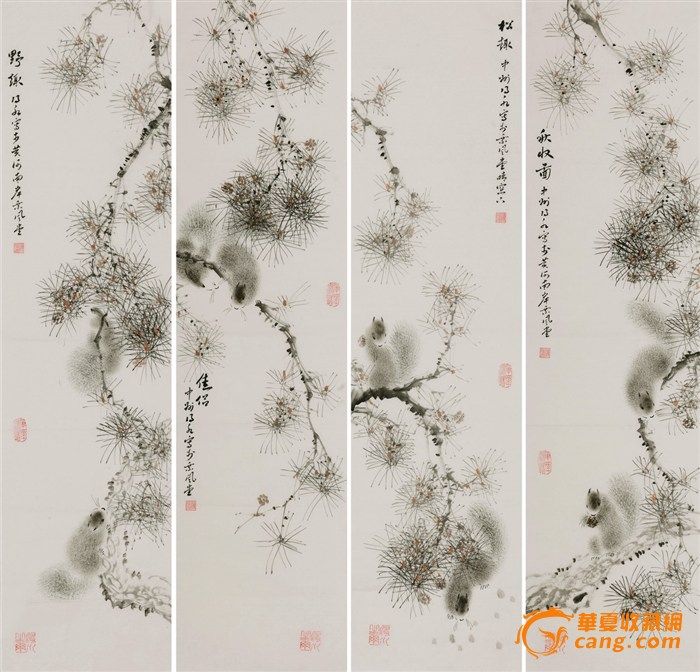 名家连俊洲风格花鸟国画松鼠松树四条屏
