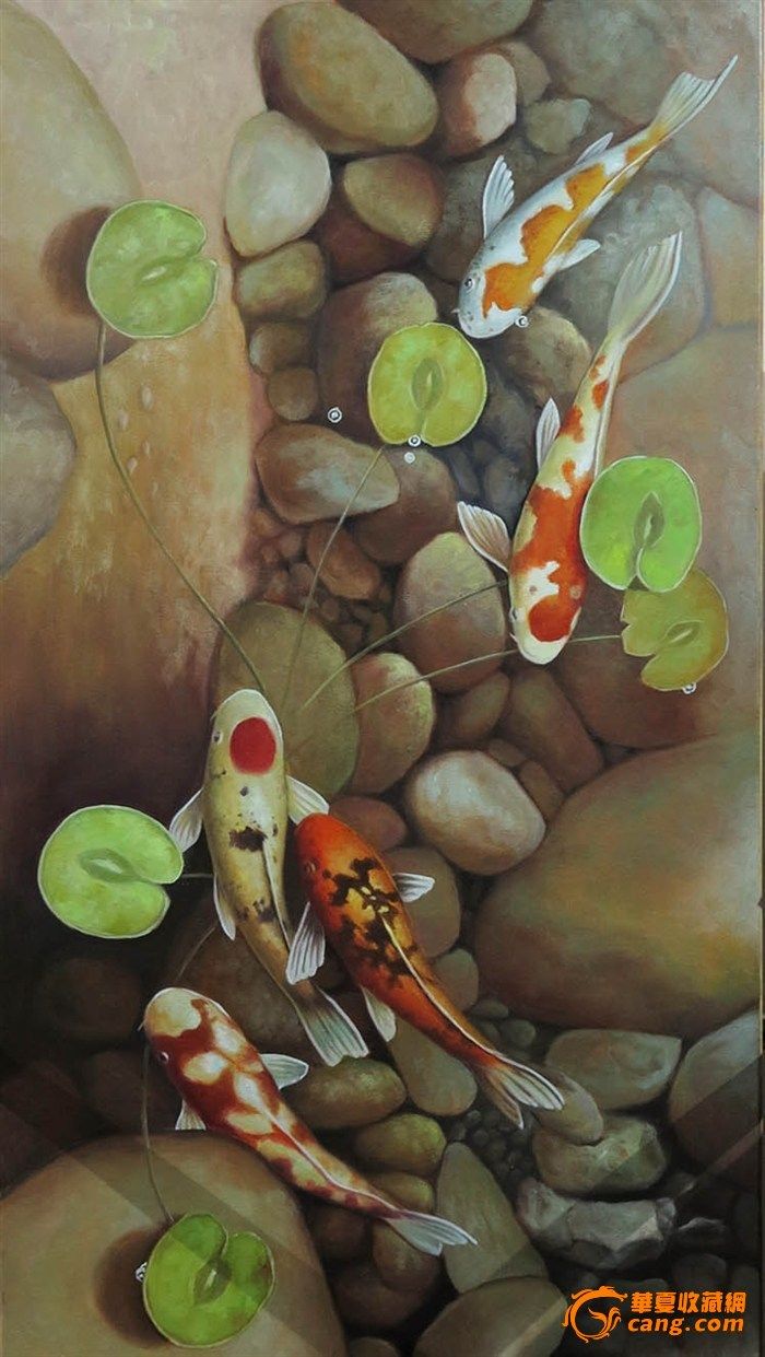 油画写实九鱼图