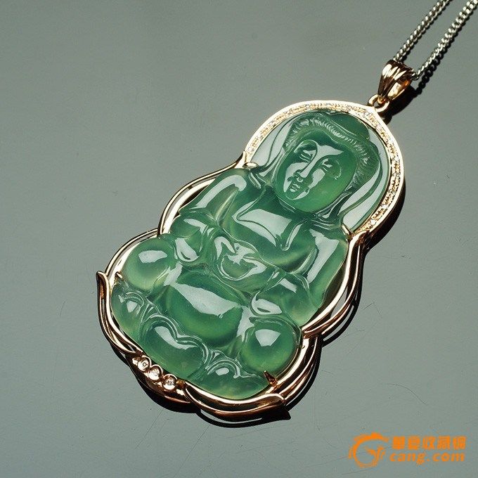 老坑水绿翡翠观音18k玫瑰金伴钻吊坠-10hh07