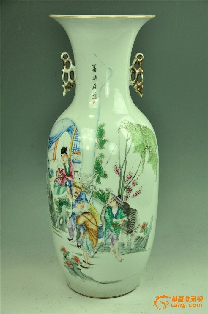 民国名家夏静庵制粉彩渔樵耕读特大瓶